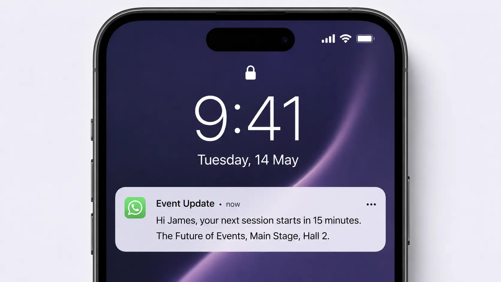 WhatsApp message directing a delegate to their session room on the day