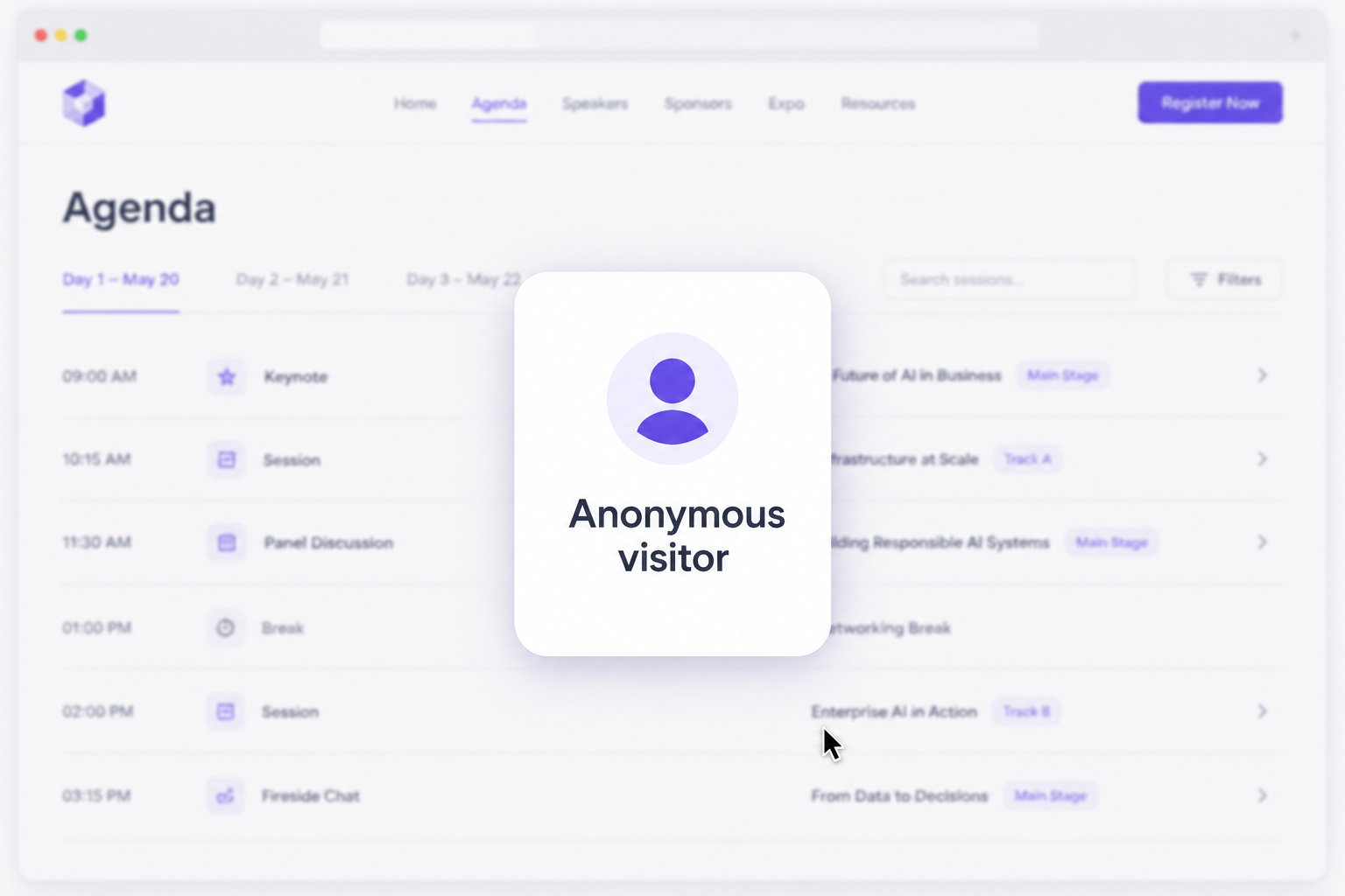 Anonymous visitor browsing an event sessions page before Bridged engages