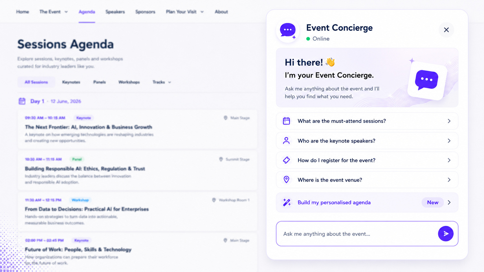 Bridged agent active on an event website agenda page, building a personalised session plan
