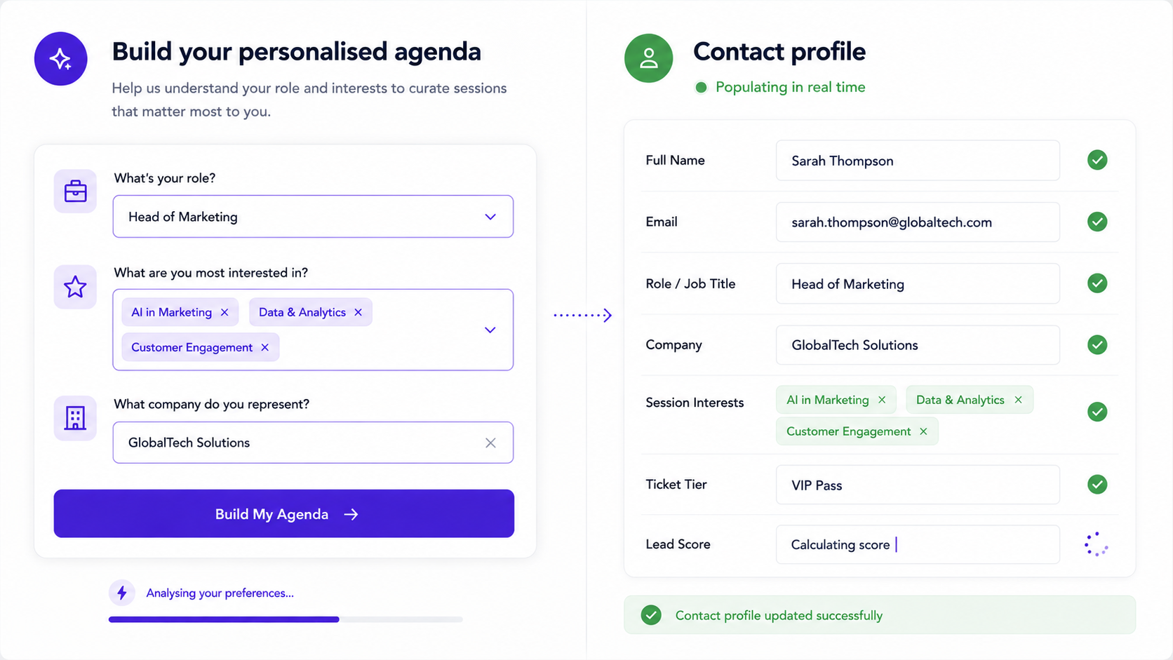 CRM lead card filling in from agent conversation data showing role, session interests and ticket tier