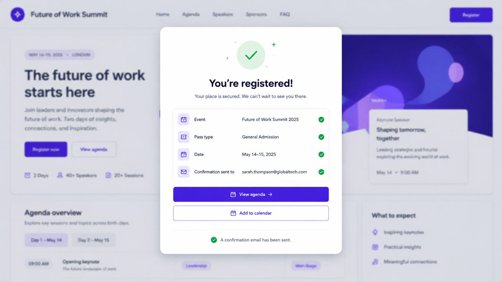 Registration confirmation screen with CRM contact record showing intent data from the agent conversation