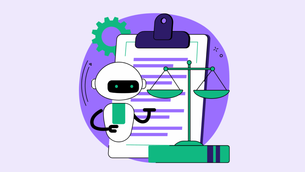 An illustration depicting AI regulation. A friendly robot stands next to a clipboard with a document, a green book, and balanced legal scales, symbolizing fairness and compliance. Behind the robot is a large gear, representing technology. The background uses purple and lavender tones, emphasizing the theme of the EU AI Act and its role in guiding responsible AI use.