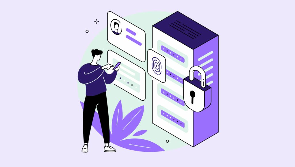 An illustration of a person using a smartphone while standing next to a large server stack. The server has login fields and authentication icons displayed on it, including a fingerprint symbol. A large padlock is attached to the server, symbolizing data protection and security. Floating panels with profile icons and credentials appear around the person, representing user data. The background uses mint green and lavender tones, emphasizing themes of privacy, first-party data, and secure access in the digital era.