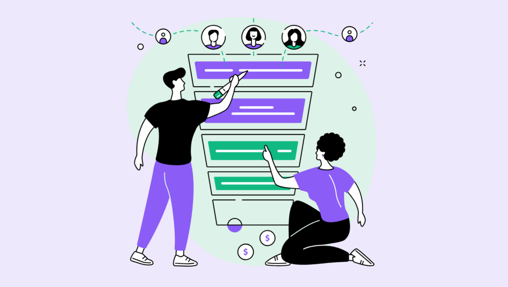 An illustration of two people interacting with a large sales funnel diagram. The funnel has multiple purple sections stacked from top to bottom, symbolizing different stages of engagement. Above the funnel are circular icons representing people (leads), and at the bottom are coins with dollar signs, representing revenue. One person stands pointing at the top of the funnel with a marker, while the other kneels, pointing at the middle section. The background is mint green with abstract shapes, representing the process of turning engagement into pipeline and ROI.