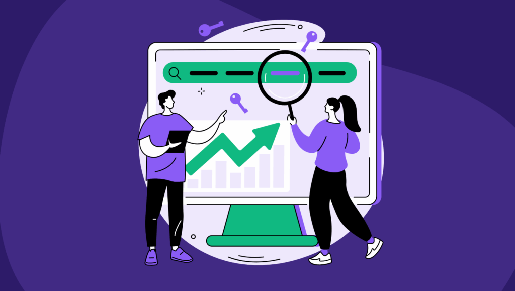 An illustration of two people analyzing search performance. A man holds a tablet and points to a large monitor, while a woman uses a magnifying glass to examine the search bar on the screen. The monitor displays a rising green graph with bars in the background, symbolizing improved SEO rankings. Purple keys float around the screen, representing keywords. The background is dark purple with a spotlight effect, emphasizing the concept of search visibility and event content discoverability.