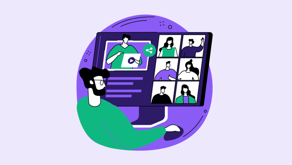 Illustration of a man attending a virtual meeting on his computer. The screen displays four participants arranged in a grid layout, each appearing in their own video window, two men and two women, engaging in conversation or gestures. The background features a dark purple and lavender color palette, symbolizing hybrid or remote collaboration.