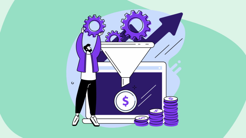 Illustration of a person placing gears into a funnel above a laptop screen, symbolising the process of converting attendee insights into personalised outreach. Coins and upward arrows represent revenue growth and improved ROI, highlighting how targeted strategies turn event data into measurable business results.