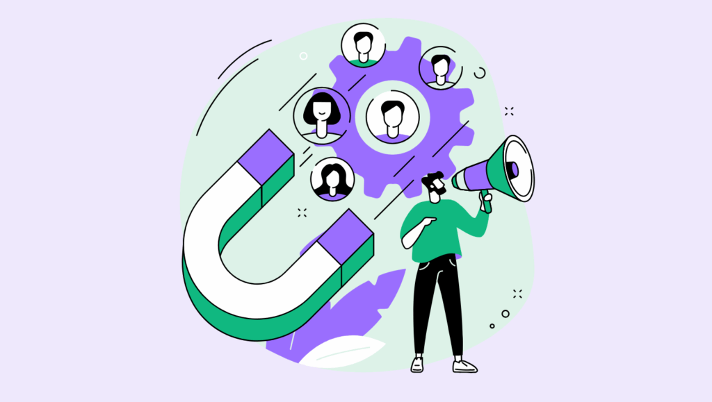 Turn Your Event Digital Footprint into a Lead Magnet Machine Illustration of a marketer holding a megaphone next to a large purple horseshoe magnet, symbolizing lead generation. Above the magnet, a large gear with profile icons of people inside it represents audience targeting and engagement. The background is light green with abstract shapes, reinforcing the theme of attracting and converting leads. Would you like me to also create extended descriptions (more detailed than alt text, for screen readers and accessibility compliance), like I did for your video earlier? Those are useful when the visuals have layered meaning (e.g., funnel diagrams, multi-step processes).