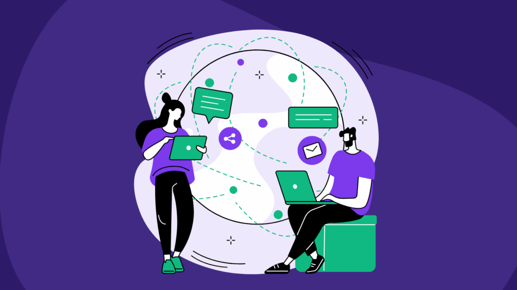 Illustration of two people working on digital devices, surrounded by message bubbles and connection lines. On the left, a woman stands holding a tablet, and on the right, a man sits with a laptop. Between them is a large circular network graphic with dotted paths, icons for chat, email, and sharing, symbolizing digital communication and interconnected conversations. The background is purple with abstract shapes.