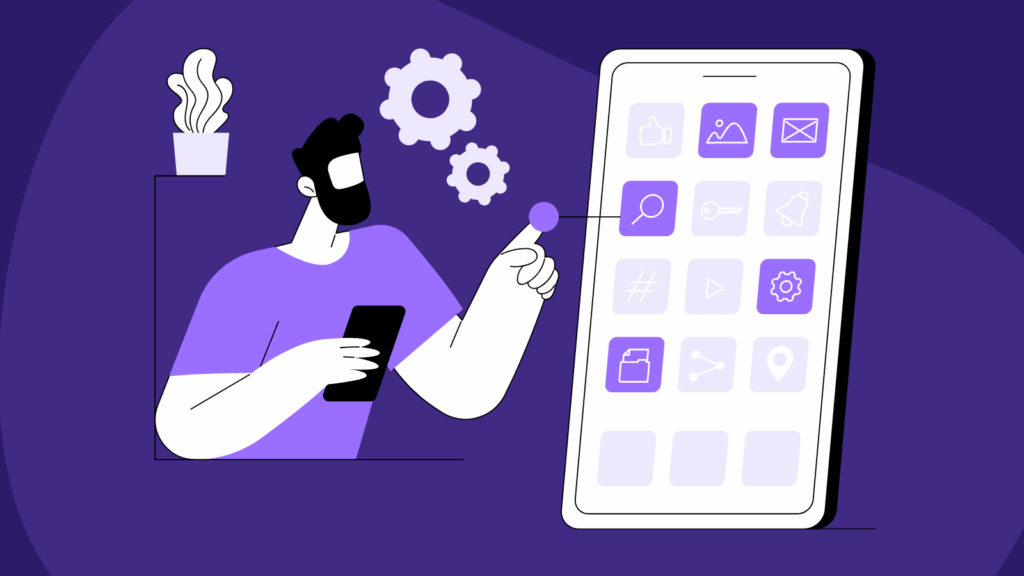 Illustration of a man holding a smartphone while interacting with a large tablet screen displaying multiple app icons. A pointer connects his hand to a highlighted search icon on the tablet. Gear icons float above him, symbolizing settings or automation, and a plant sits on a shelf in the background. The scene uses purple, white, and green tones to depict app navigation and digital interaction.