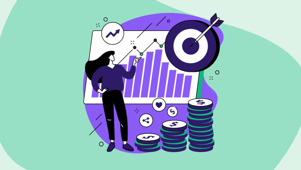 Illustration of a person analyzing event ROI metrics, standing beside a large chart with rising bars and a trend line. A target icon with an arrow represents goal achievement, while stacks of coins and finance symbols highlight revenue growth and measurable business impact.