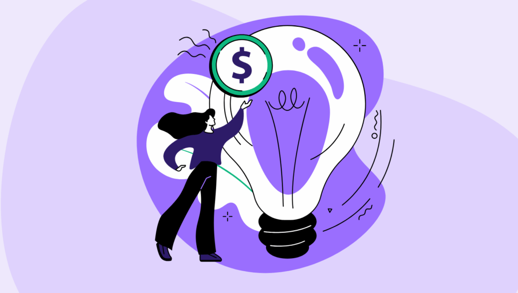 Illustration of a woman holding up a coin with a dollar sign in front of a large lightbulb, on a purple abstract background.