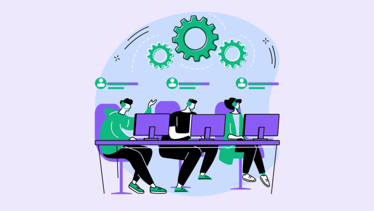 Three event ops staff at desks with headsets, with floating user icons and gears above them to show AI-supported support and coordination.