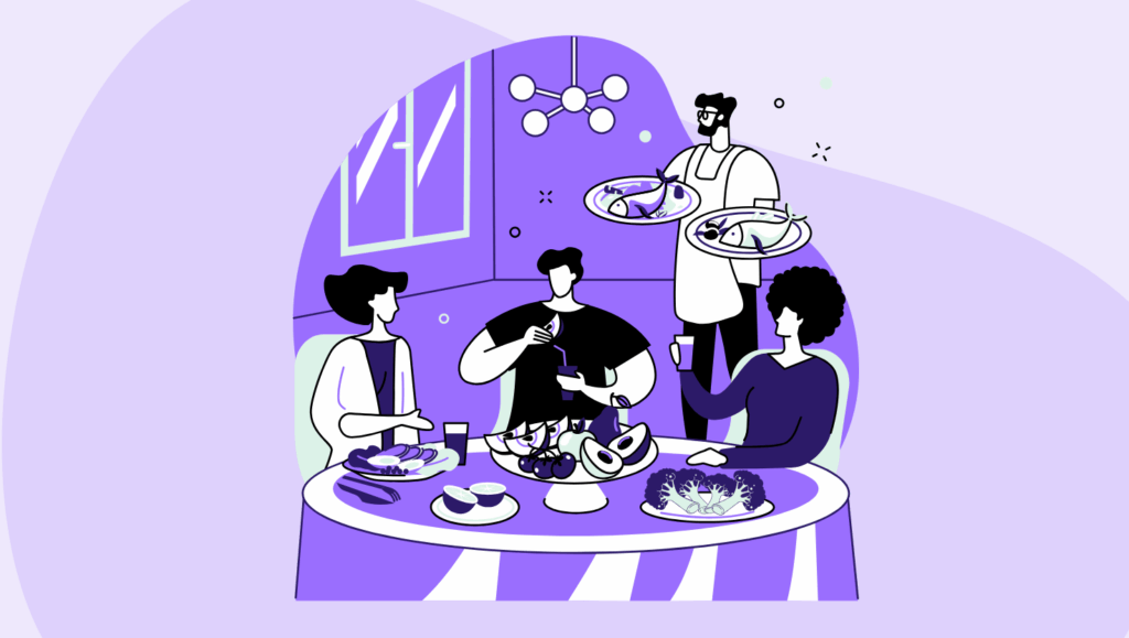 Illustration of a small group dining at a round table during an intimate micro-event. Three attendees sit together eating and drinking while a server stands nearby holding plates. The table is set with shared dishes and drinks, emphasizing conversation, connection, and curated hospitality in a private event setting.