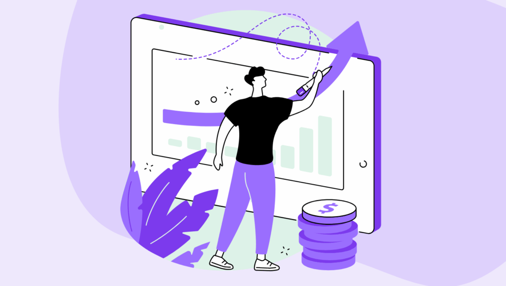 Illustration of a person analyzing and improving performance on a large dashboard screen, drawing an upward trend line, with arrows and coins symbolizing growth, optimization, and increased revenue.