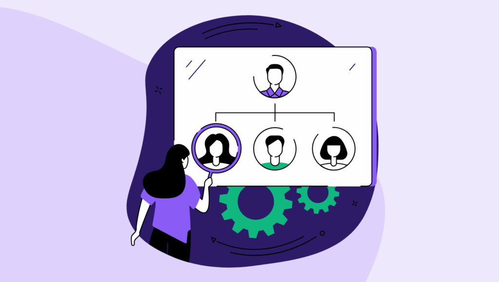 Illustration of a person analyzing a team structure on a digital screen using a magnifying glass, highlighting one profile while gears below represent systems and processes, symbolizing audience segmentation and operational alignment.