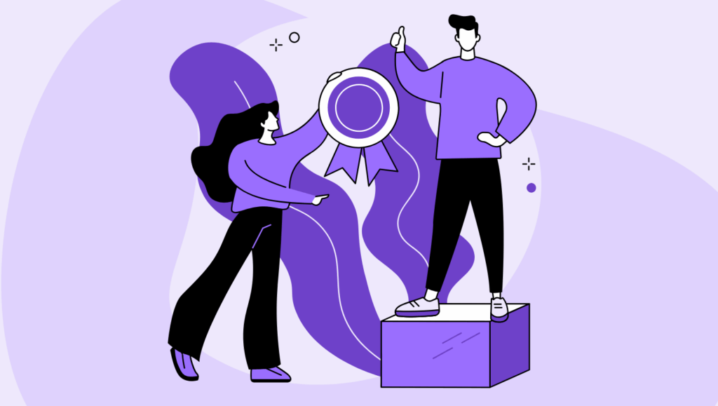 Illustration of two colleagues celebrating achievement, with one person standing on a podium and raising a finger confidently while the other presents a large award ribbon. The scene symbolizes recognition, success, and measurable performance outcomes.