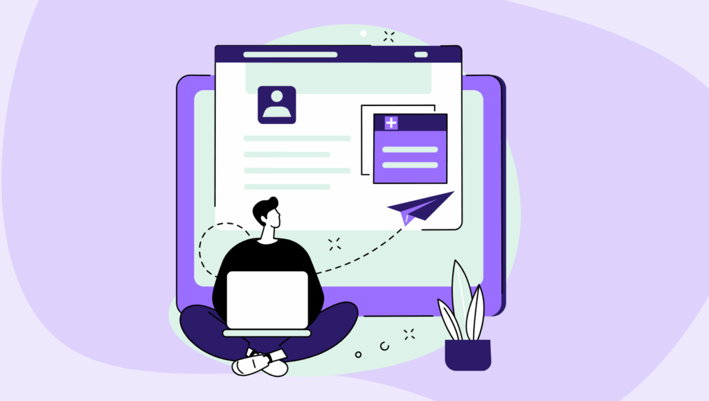Illustration of a person using a laptop in front of a large digital interface showing a user profile and form, with a paper plane icon indicating submission or flow, representing streamlined registration and guided user journey.