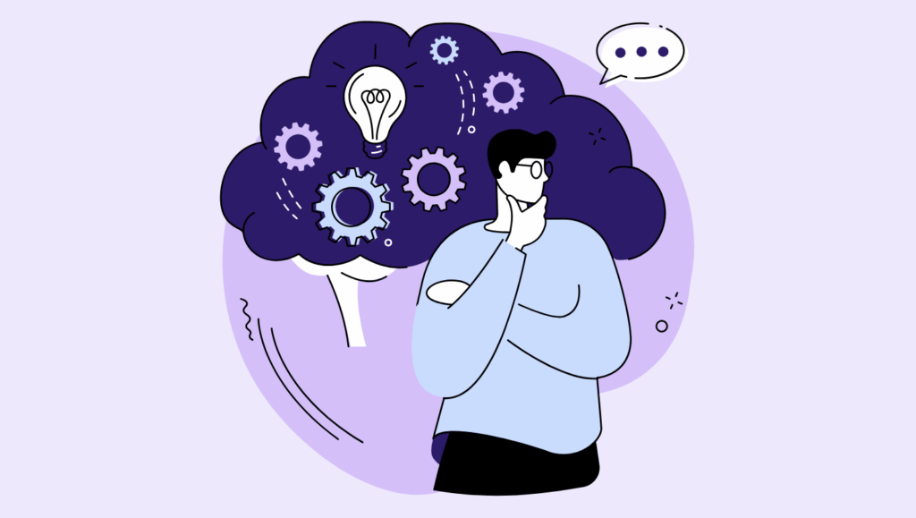 Illustration of a person thinking with gears, a lightbulb and a speech bubble, representing ideas, memory and event engagement