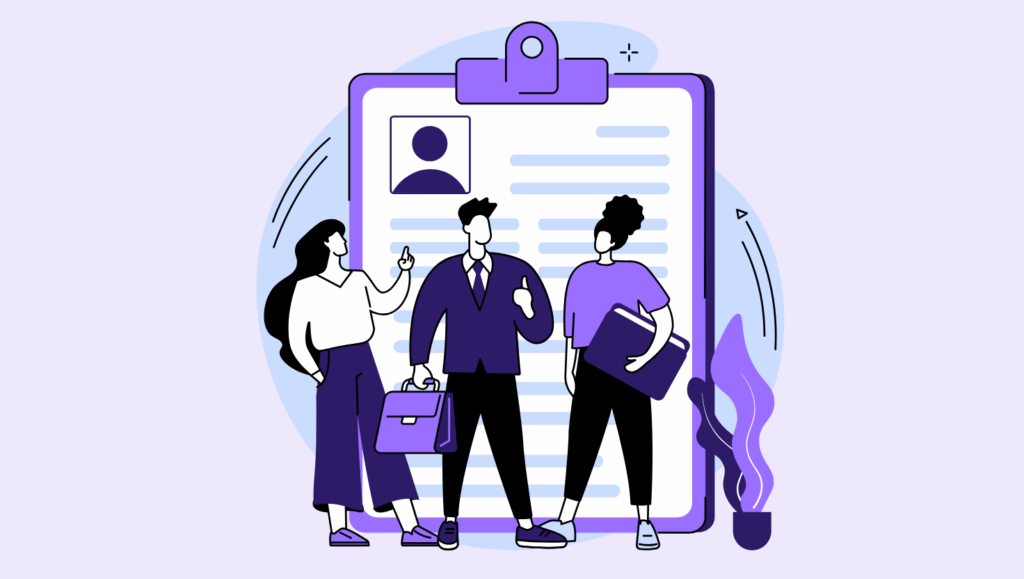Illustration of three professionals standing in front of a large clipboard displaying a candidate profile or resume. One person gestures while speaking, another carries a briefcase, and the third holds folders, suggesting a hiring, recruitment, or team evaluation discussion. Purple and light blue color palette with modern flat design style.