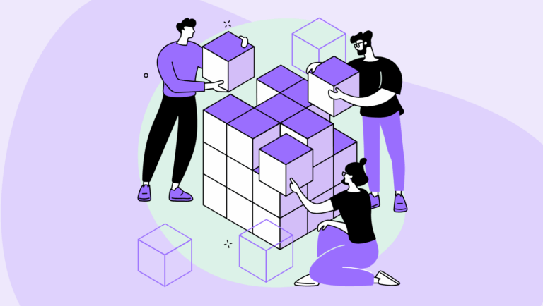 Illustration of a team assembling purple blocks, representing event teams identifying and fixing leaks in their event acquisition budget before registration.
